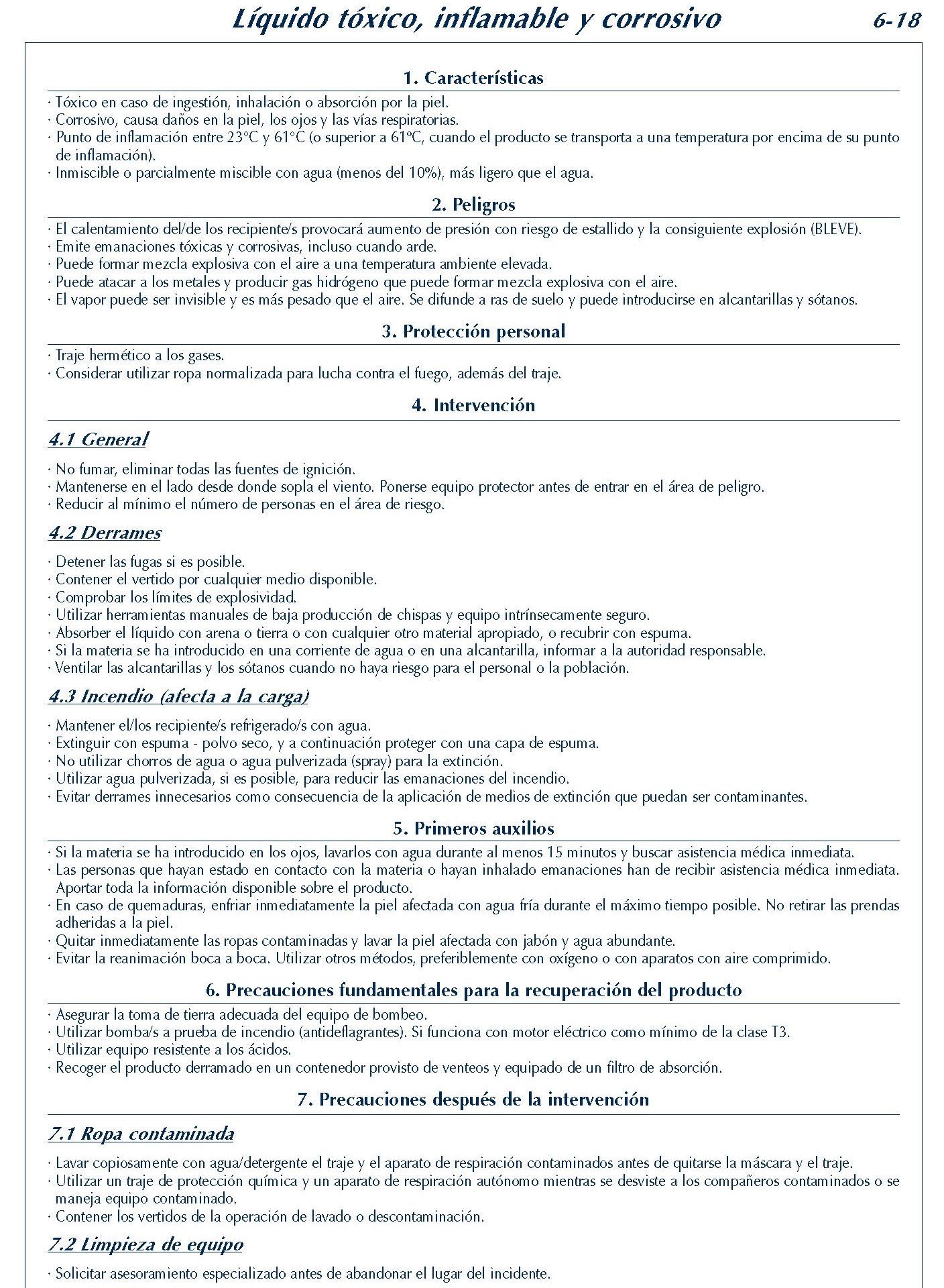 255 FICHA 6-18 LIQUIDO TOXICO INFLAMABKE CORROSIVO FICHAS EMERGENCIA